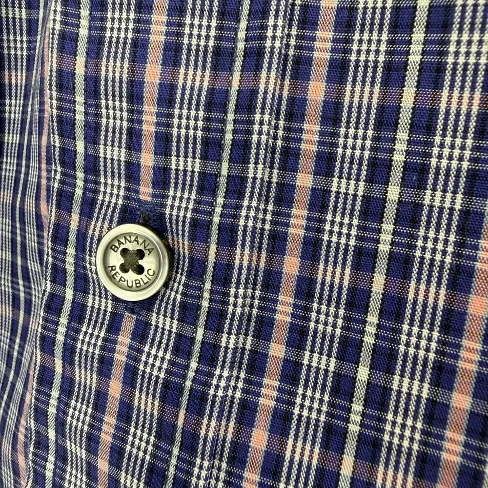 Banana Republic Non Iron Dress Shirt Mens Large Blue / Pink Plaid Classic Fit